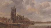 A river landscape with flgures unloading boats before a church